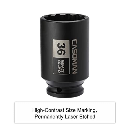 CASOMAN 1/2″ Drive x 36 mm Deep 12 PT Impact Socket, CR-MO, 1/2-inch Drive 12