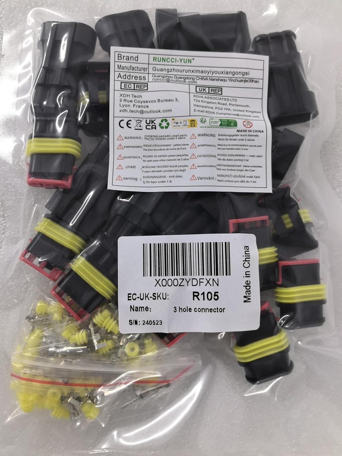 10 Kit 3 Pin Waterproof Electrical Connector Plug Socket Kit, Car Wire Insulated