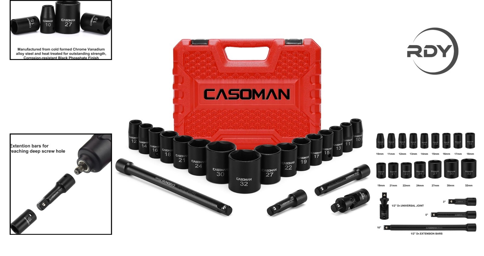 1/2-Inch Drive Impact Socket Set – 20-Piece with 10mm-32mm Sockets