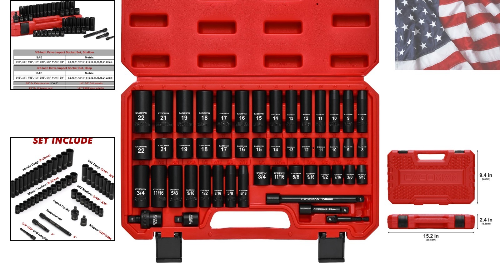3/8″ Drive Impact Socket Set, 49 Piece Standard SAE and Metric Sizes 5/16-Inc…