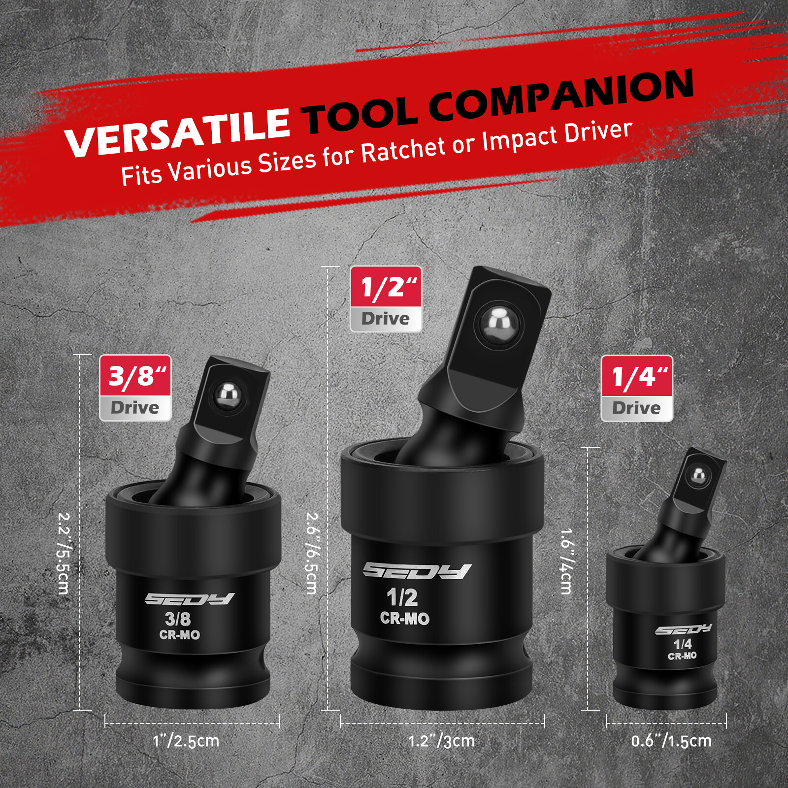 3pc Impact Universal Swivel Socket Set 3/8″ 1/4″ 1/2″ Drive U-Joint 360 Degree