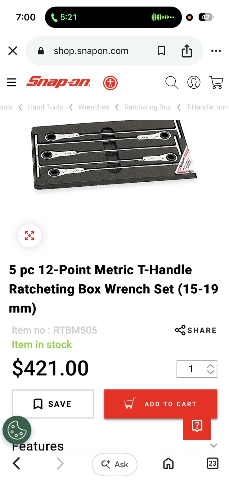 Snap On 12 Point Metric T-handle Ratcheting Wrench Set 15-19mm