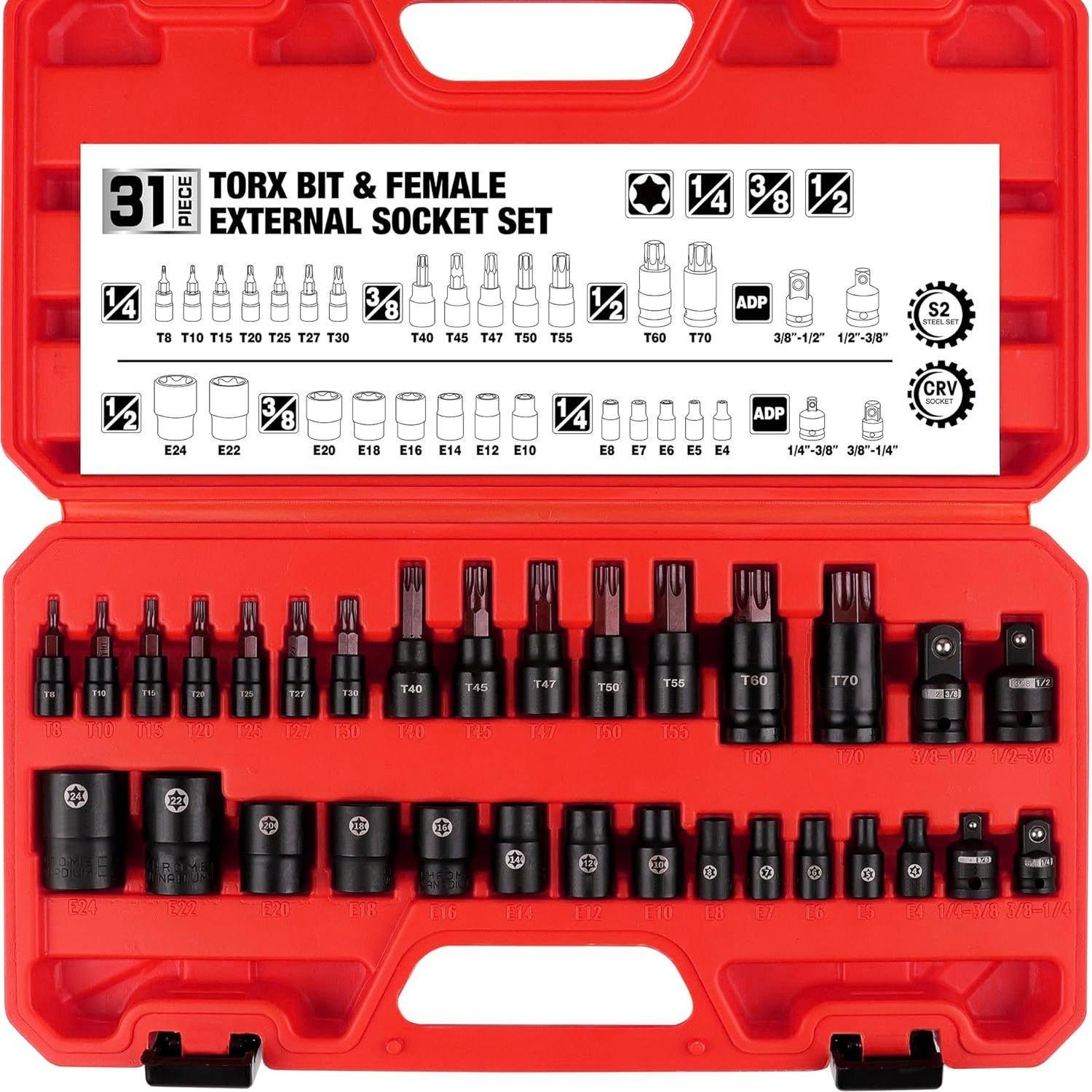 Torx Bit Socket Set 30PCS T8-T70 E4-E24 External Star Socket Kit