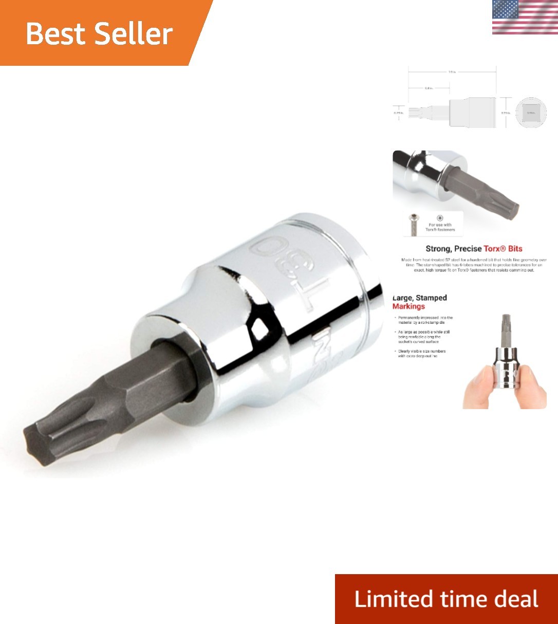 S2 Steel 3/8 Inch Drive T30 Torx Socket with Polished Finish & Secure Fit