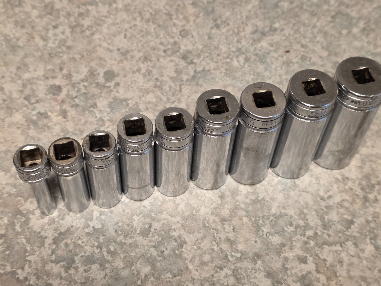 10Pc Snap On Underline DEEP SAE 1/4″-7/8 Socket Set Lot 12-PT 3/8” Drive w/rail