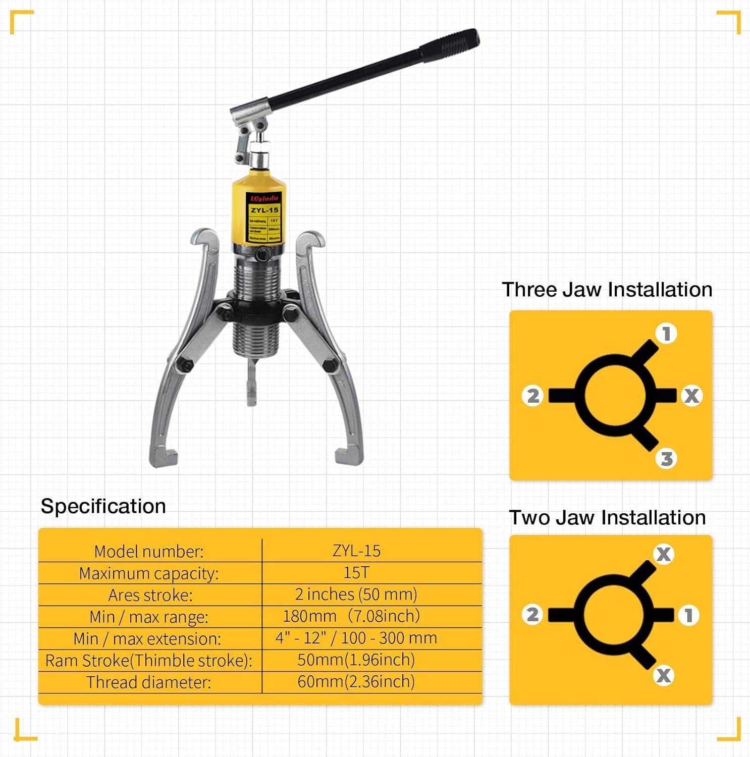 Hydraulic Gear Puller, 15T Puller Kit Bearing 15 Ton, Yellow