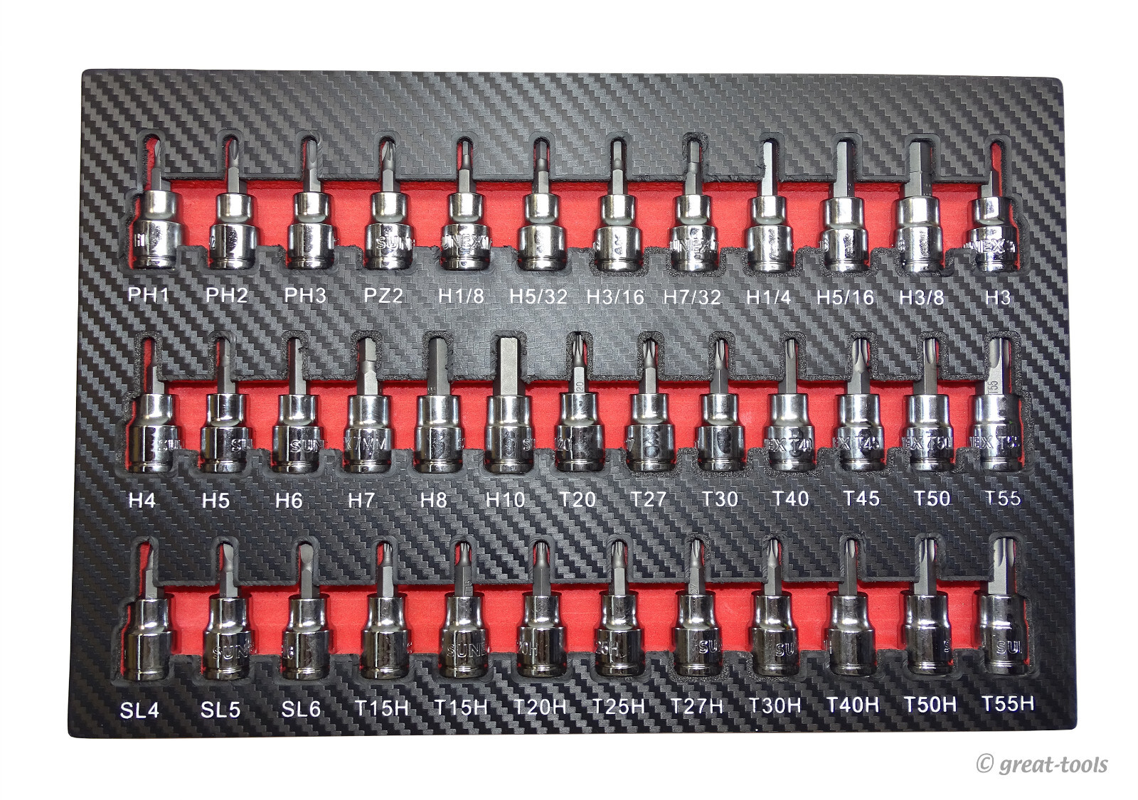 SUNEX TOOLS 37-PC BIT SOCKET SET – automotive hand tools – 3/8” drive sockets