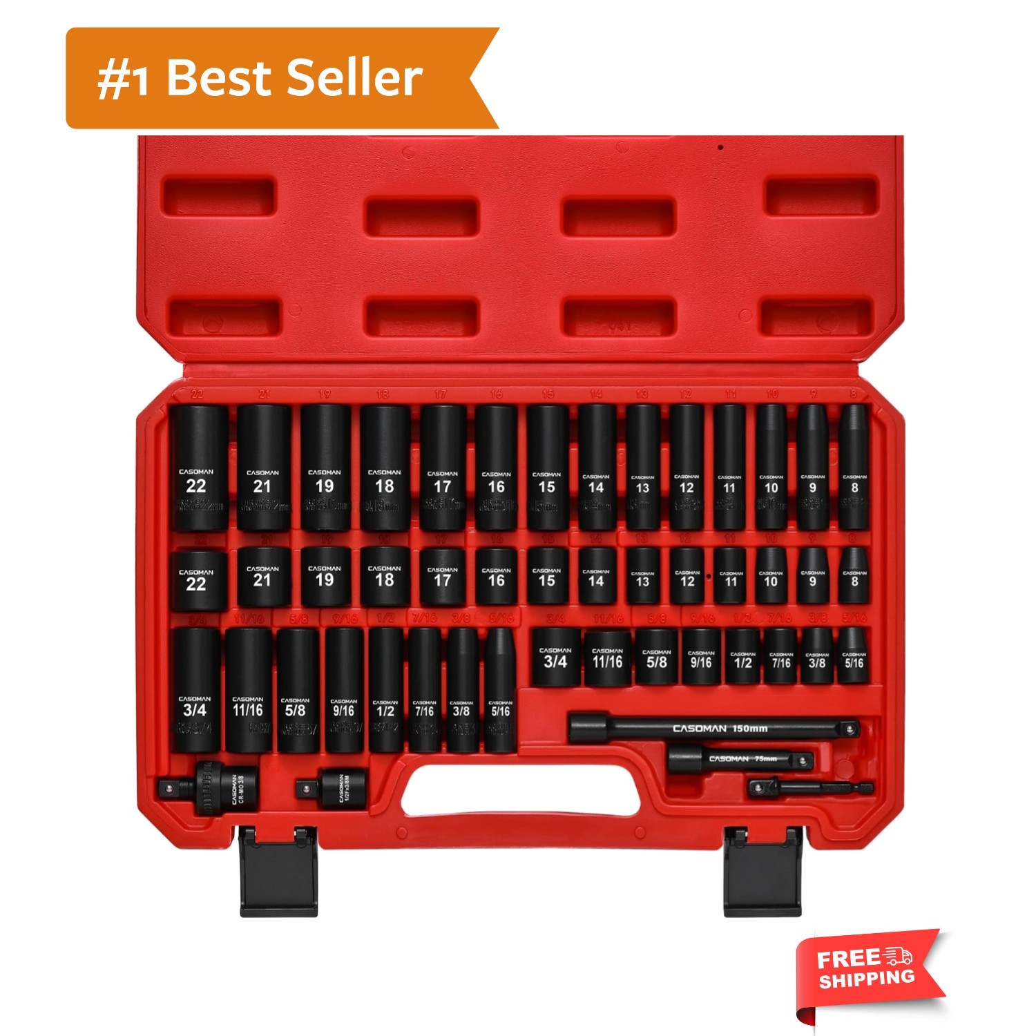 3/8″ Drive Impact Socket Set, 49 Piece Standard SAE and Metric Sizes 5/16-Inc…