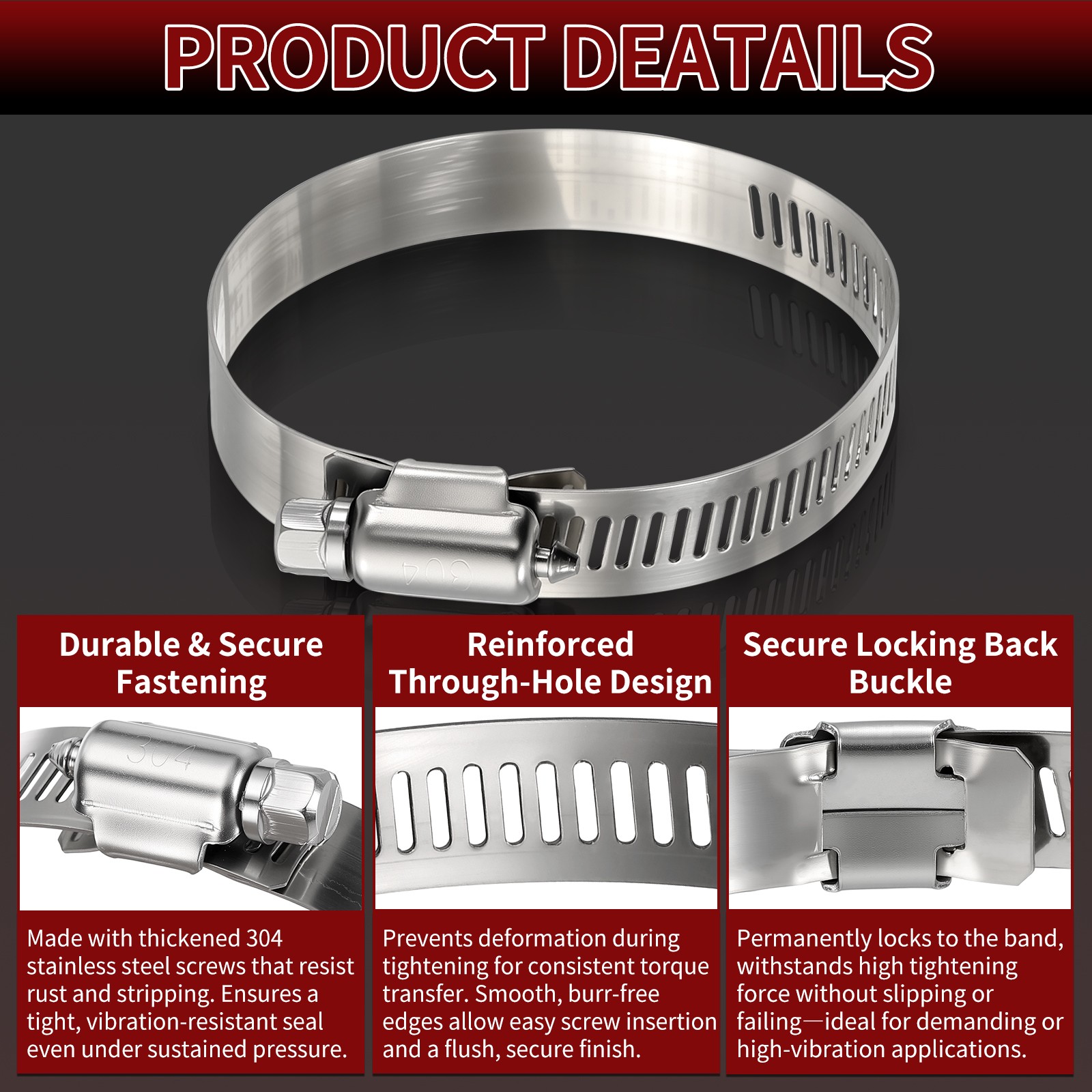 8 Pack Stainless Metal Hose Clamps, Large Adjustable from 1.6″ – 2.5″