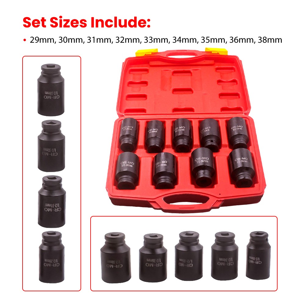 Deep Impact Socket Kit 1/2″ Drive Metric Axle Hub Nut Socket 29mm/33-38mm Set