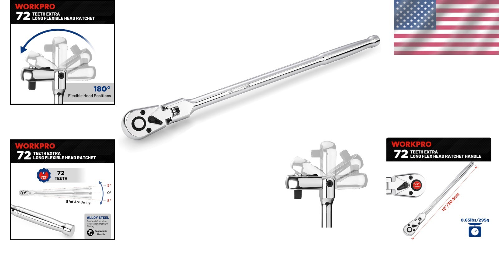 1/4″ Drive 72 Tooth Quick Release Locking Flex Slim Head Ratchet, 12″ – 81030