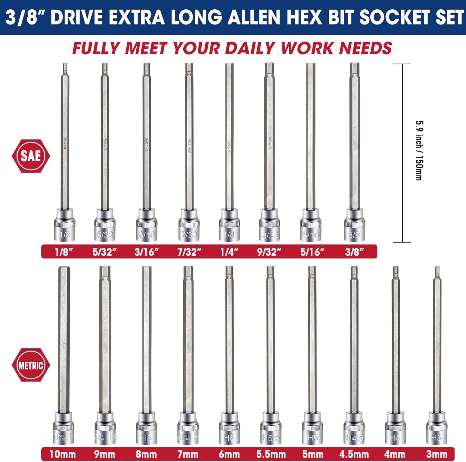 18Piece 3/8 Inch Drive Extra Long Allen Hex Bit Socket Set, SAE&Metric 1/8-3/8in