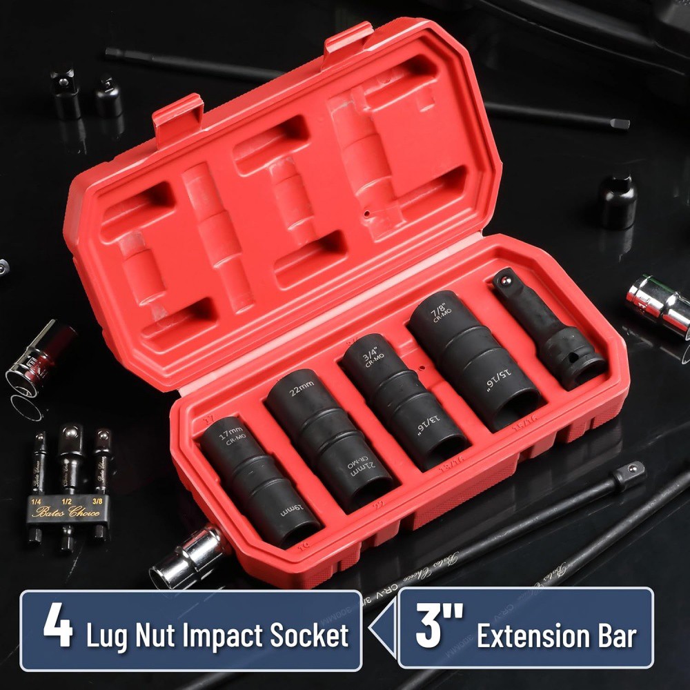 5PCS 1/2″ THIN WALL FLIP IMPACT SOCKET SET FOR AUTO RIMS TIRES LUG NUTS US