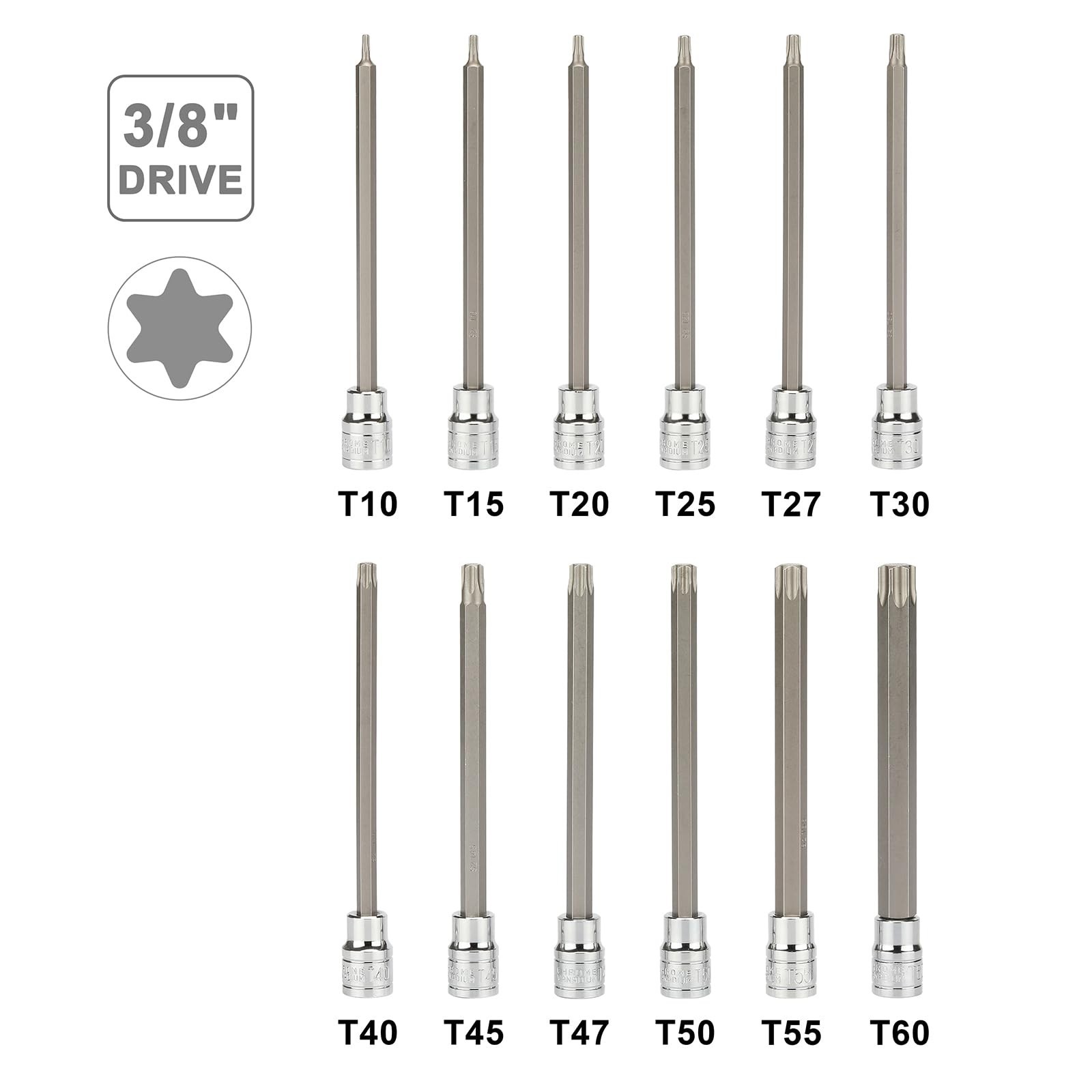 12PCS Extra Long Torx Bit Socket Set T10-T60, 3/8″ Drive, CR-V S2 Steel, 5.9″ Le