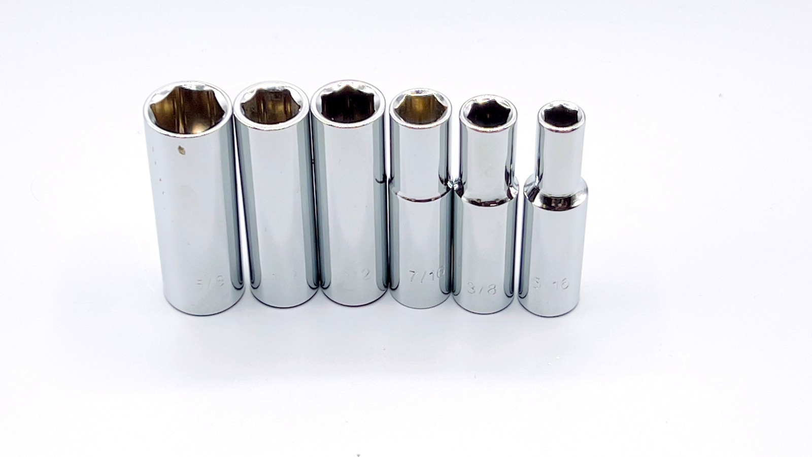 6-Piece 6-Point, 3/8-inch Drive, SAE Deep Sockets 5/8, 3/8, 2 x 1/2, 7/16, 5/16