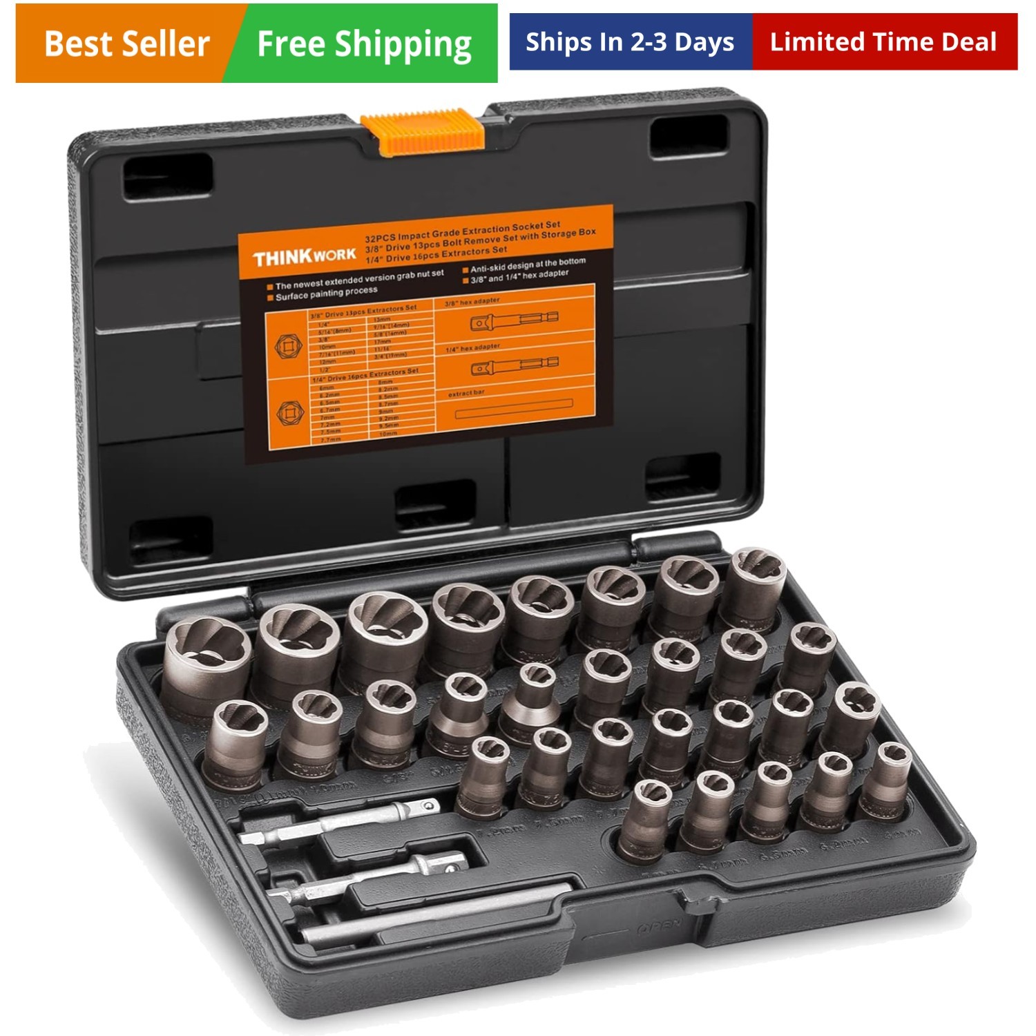 Bolt Extractor Kit, 32-Piece Nut Extractor Socket Set, 1/4″ & 3/8″ Drive Roun…