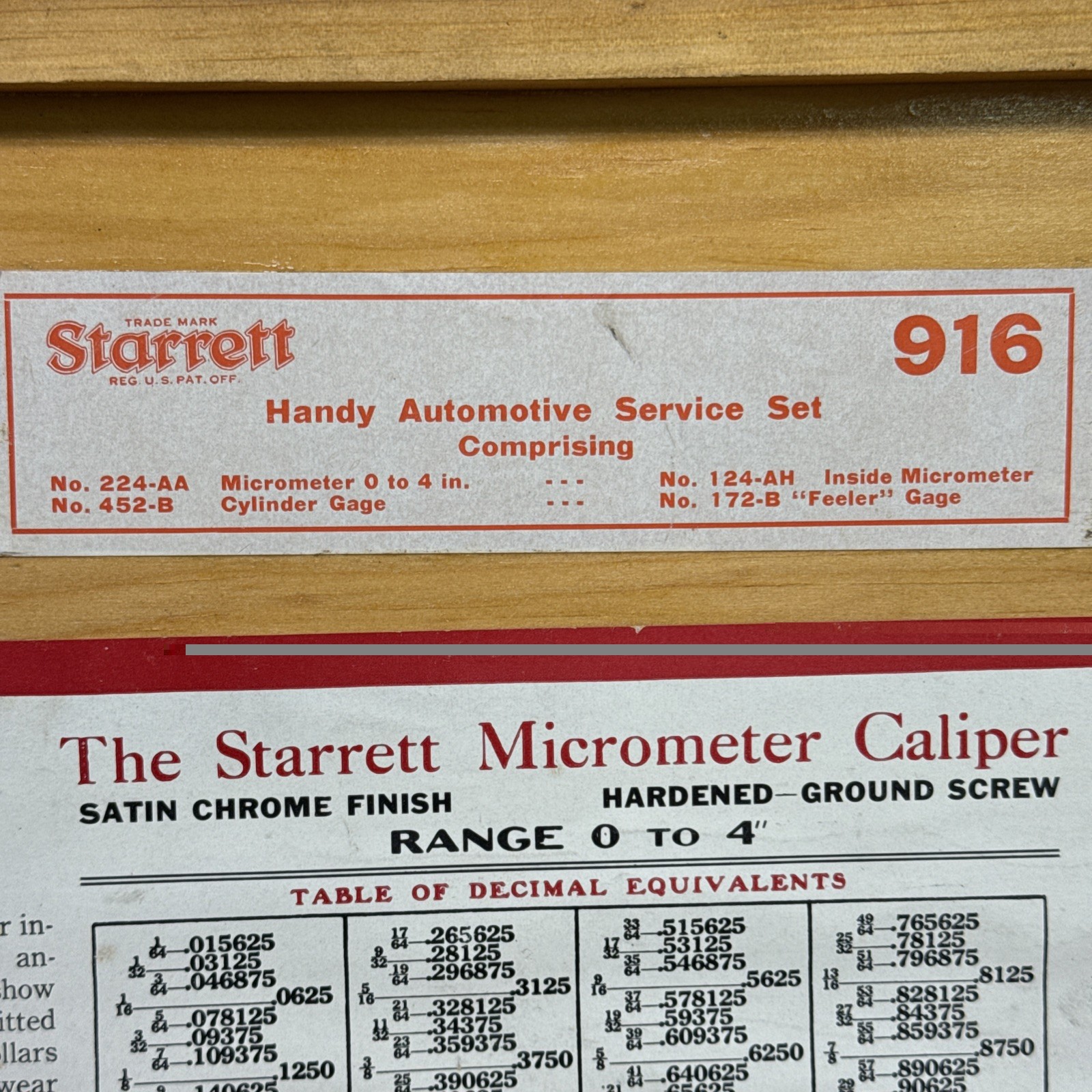 Starrett 916: Auto Service Set W/ Case, 224 & 124 Mics, 452 Bore, 172 Feeler
