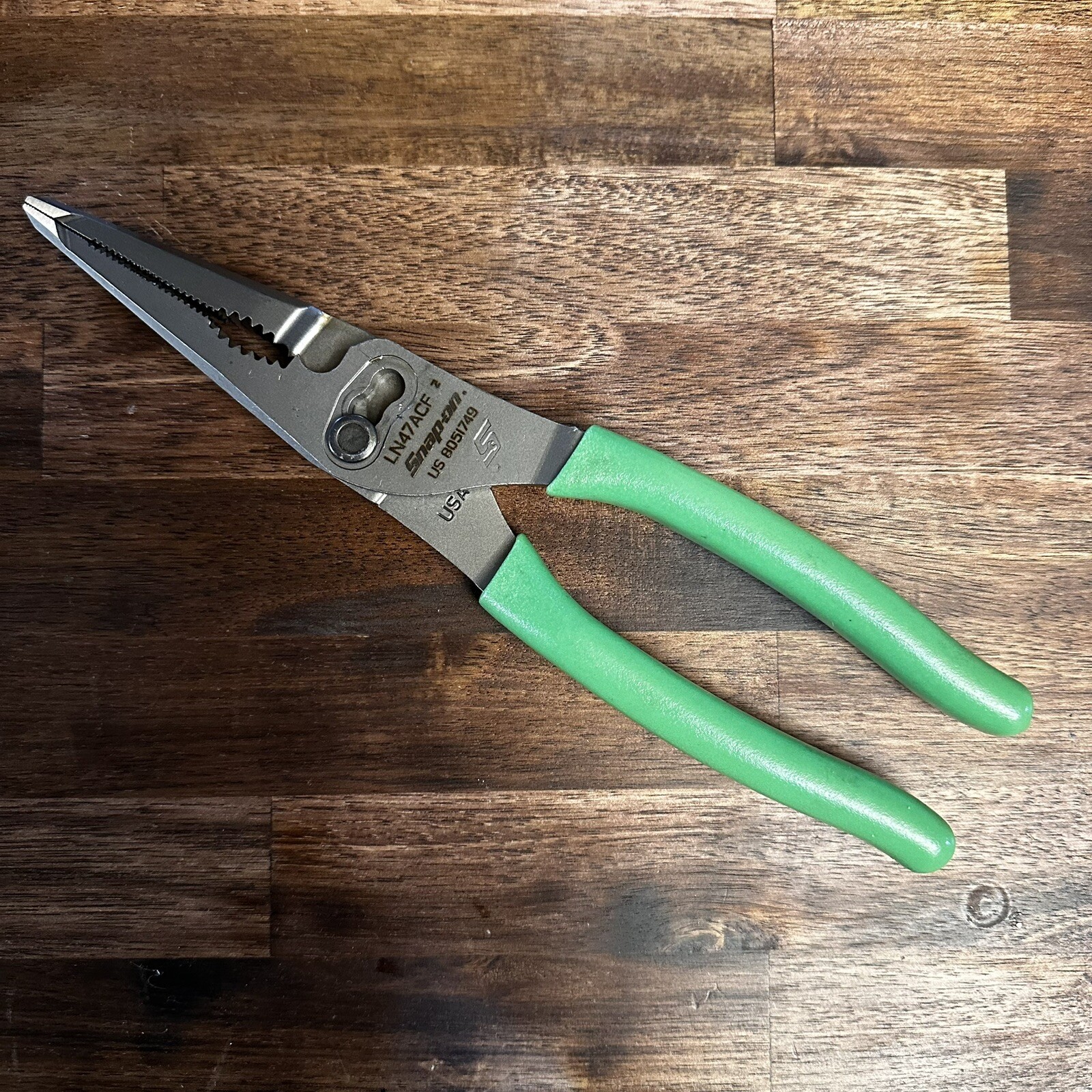 NEW Snap On LN47ACF 9″ Needle Nose/Slip-Joint GREEN Handle Soft Grip Pliers