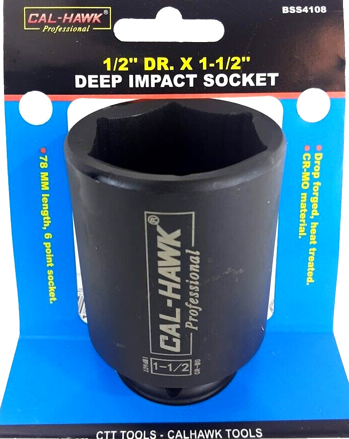 1/2″ DR. X 1-1/2″ DEEP IMPACT SOCKET 6 POINT SKT 78 mm Length CR-MO MATERIAL
