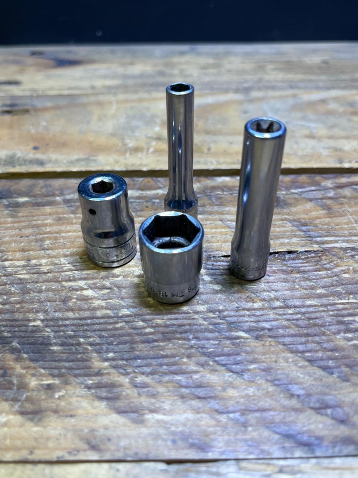 SNAP ON TOOLS – Lot Of 4 Sockets – TM18 – FP32A – STLE80 – STMM5.5