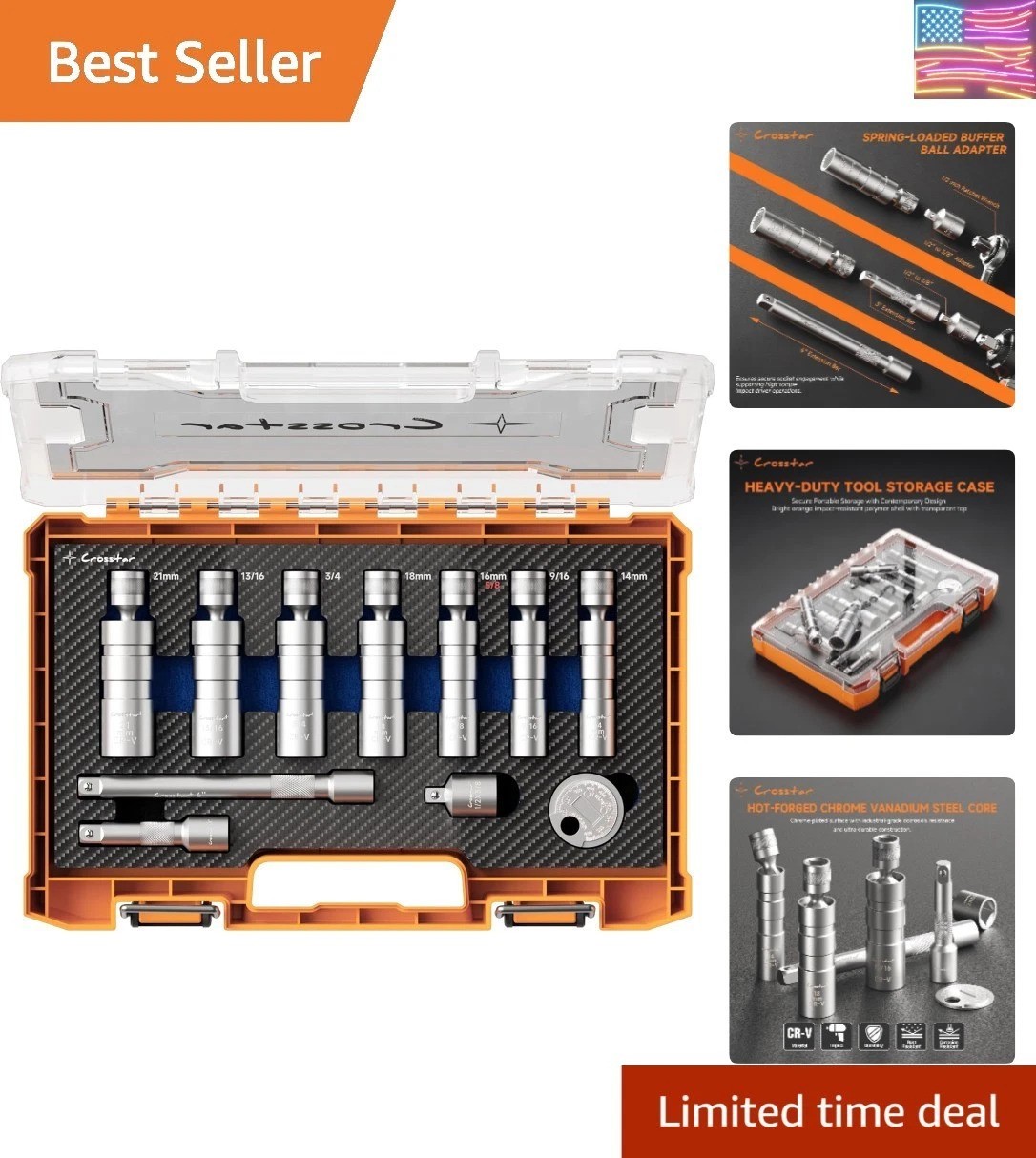 11PCS 3/8″ Drive Magnetic Swivel Spark Plug Socket Set, CR-V Steel with 18mm/…