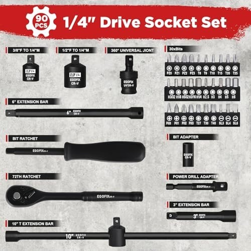 1/4 Inch Drive Impact Socket Set 90 Piece Metric SAE Ratchet Bit Kit for