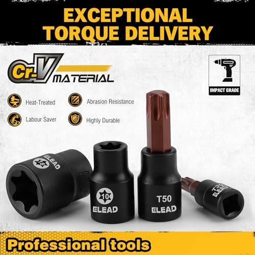 31-Piece Torx Bit Socket Set – 14 Star Bits T8-T70 & 13 E-Torx Sockets E4-E24, H