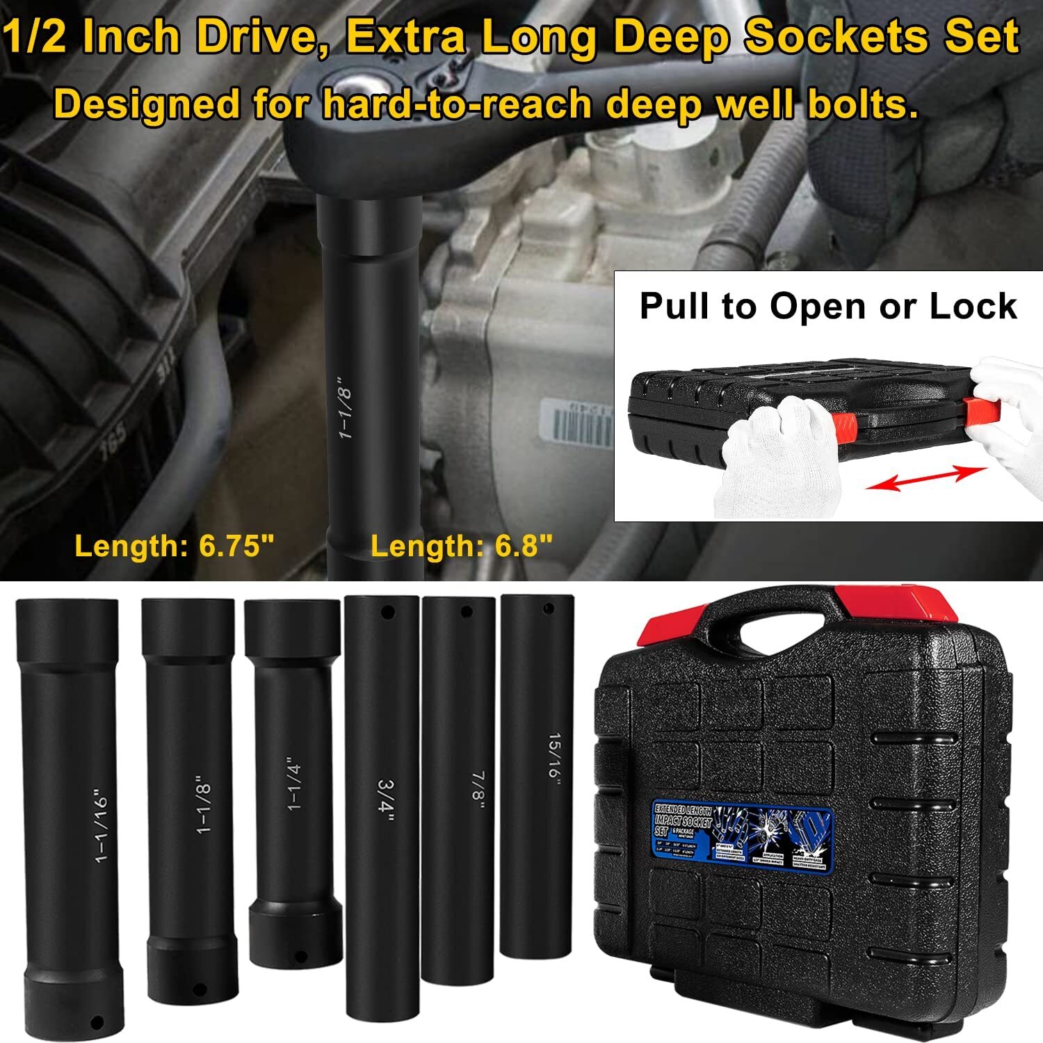 1/2 Inch Drive Heavy Duty Extended Length Impact Socket 3/4″ 7/8″ 15/16″ 1-1/16″