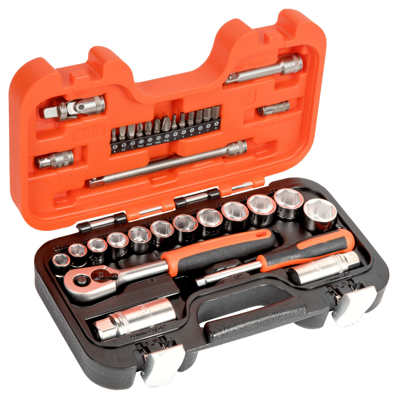 BAHCO 34 Piece S330 3/8″ Metric/AF Socket Set & Ratchet + 1/4″ Screwdriver Bits
