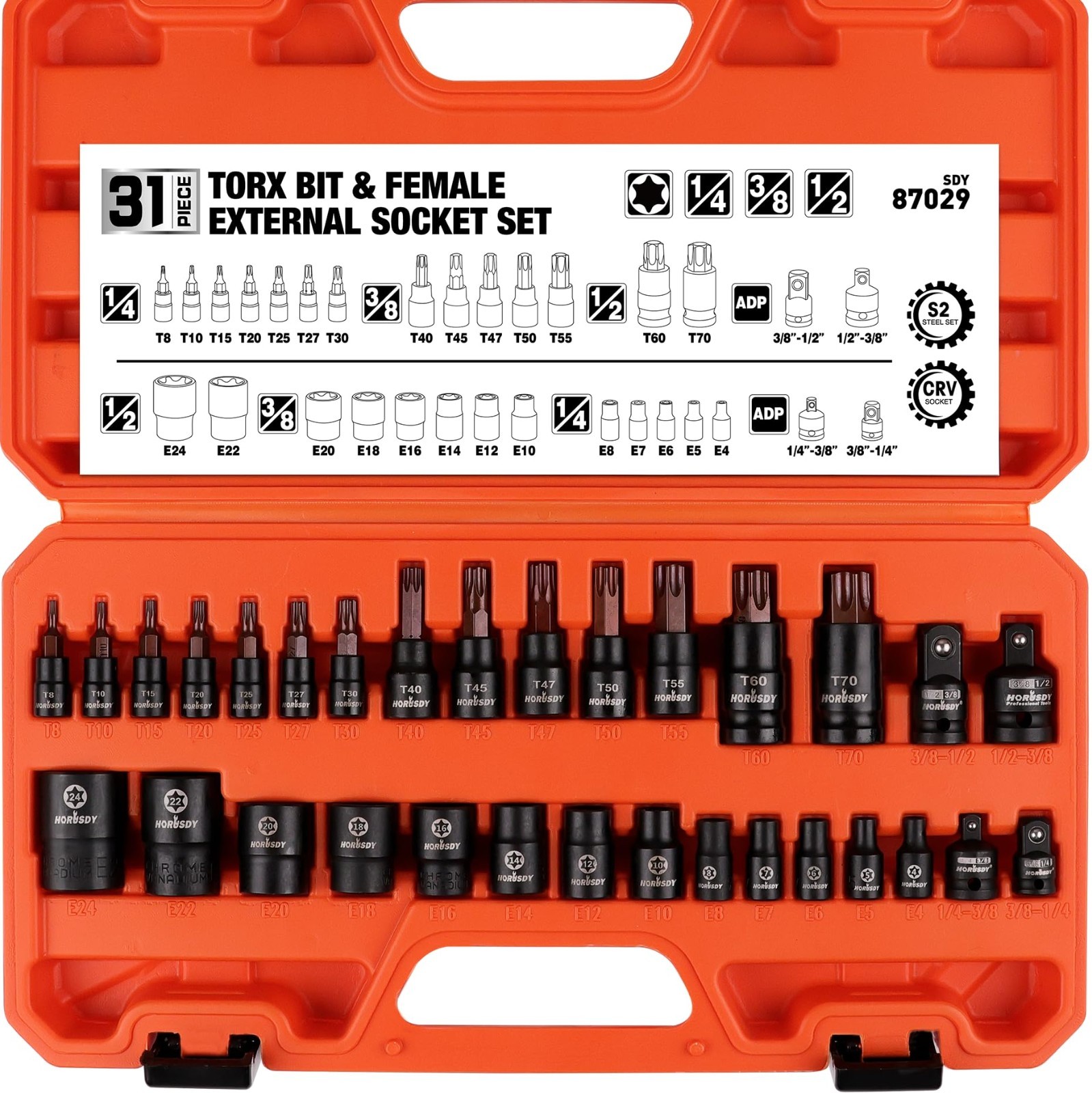 31Pcs Torx Bit Socket Set – 14 Star Bits (T8-T70) & 12 E-Torx Sockets (E4-E24) +