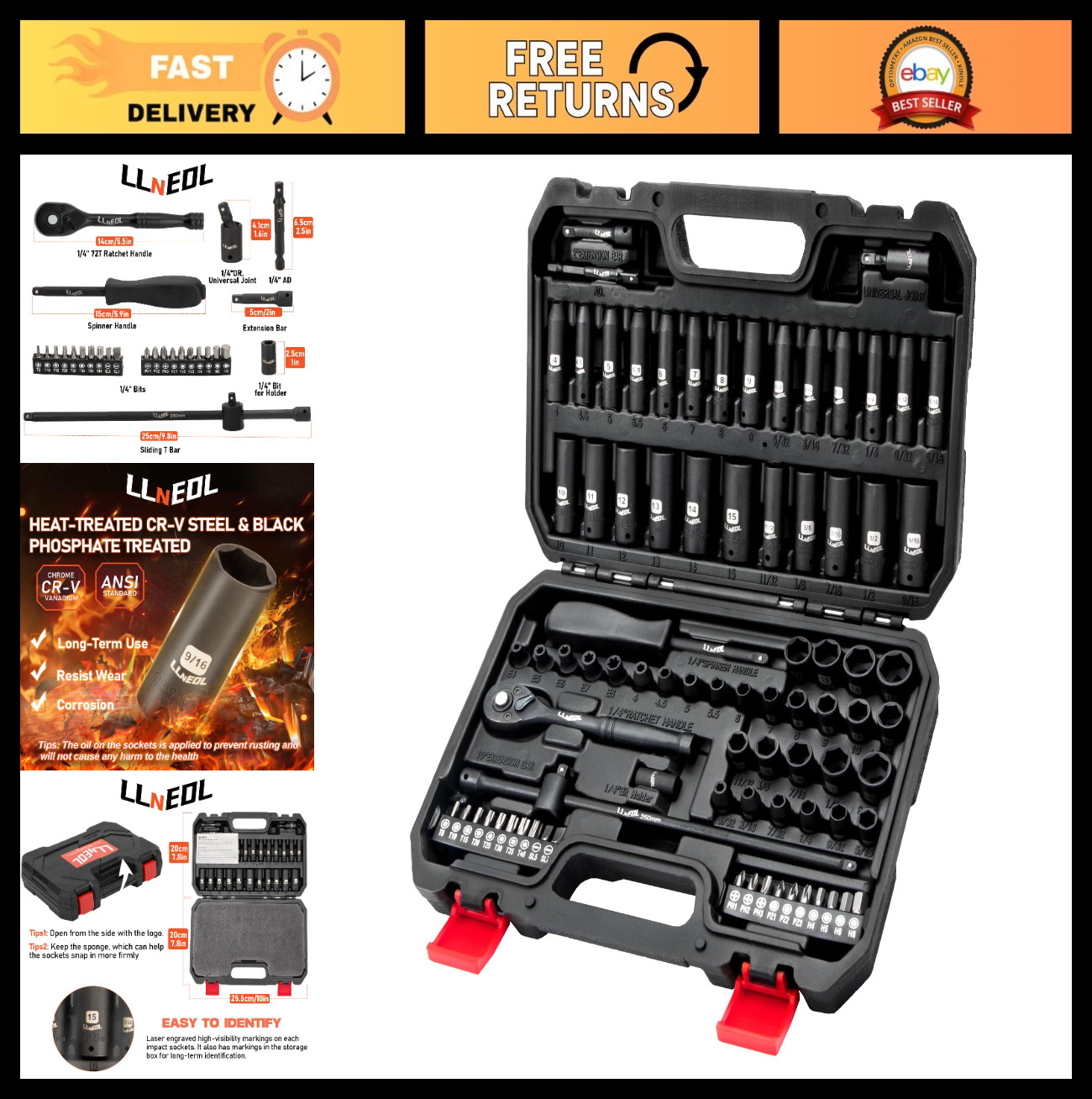 83Pcs 1/4″ Drive Impact Socket Set Metric & SAE, Deep & Shallow Sockets, 72T Rat