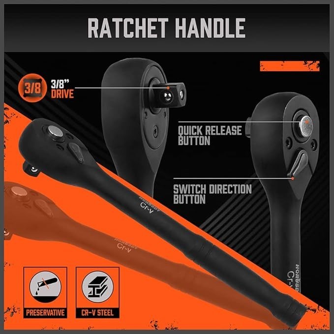 3/8 In. 6 Point Impact Socket Ratchet Drive and Metric Set