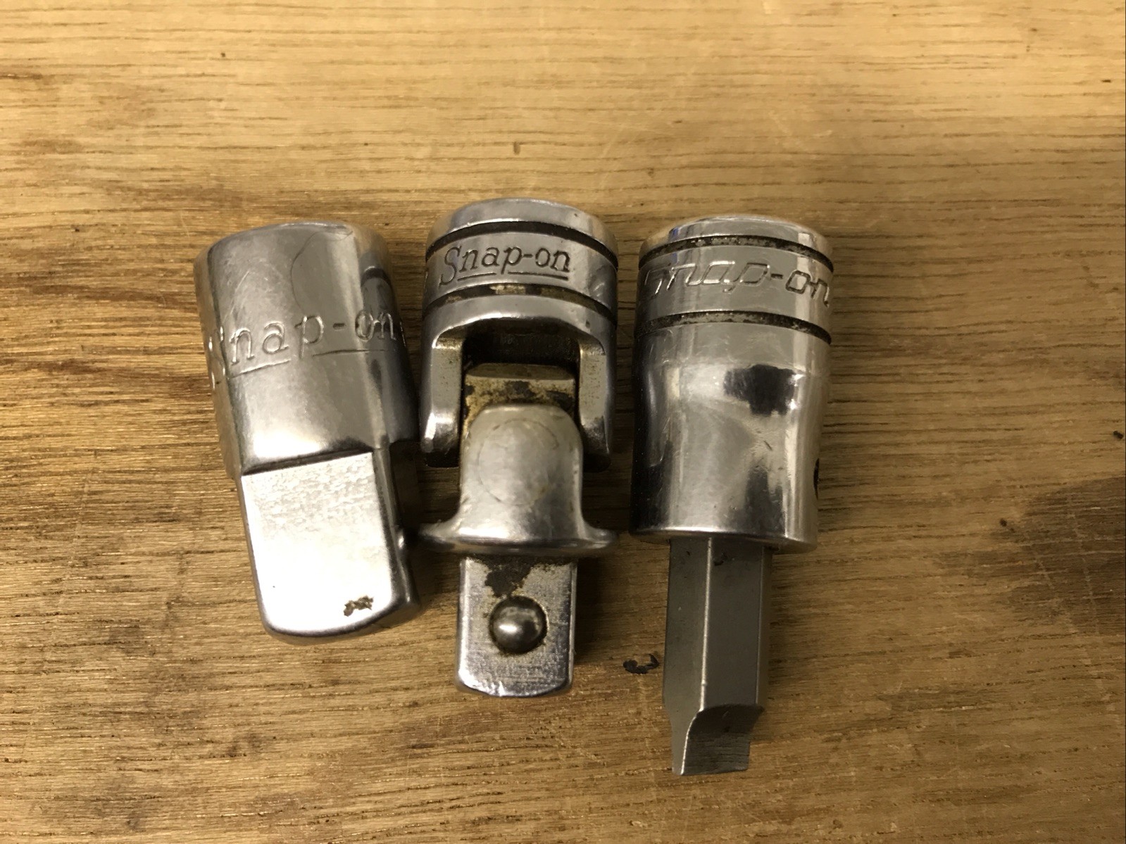 3 pieces Snap On USA 3/8-1/2 Adapter, 3/8 U-joint, And 3/8 Flat Bit