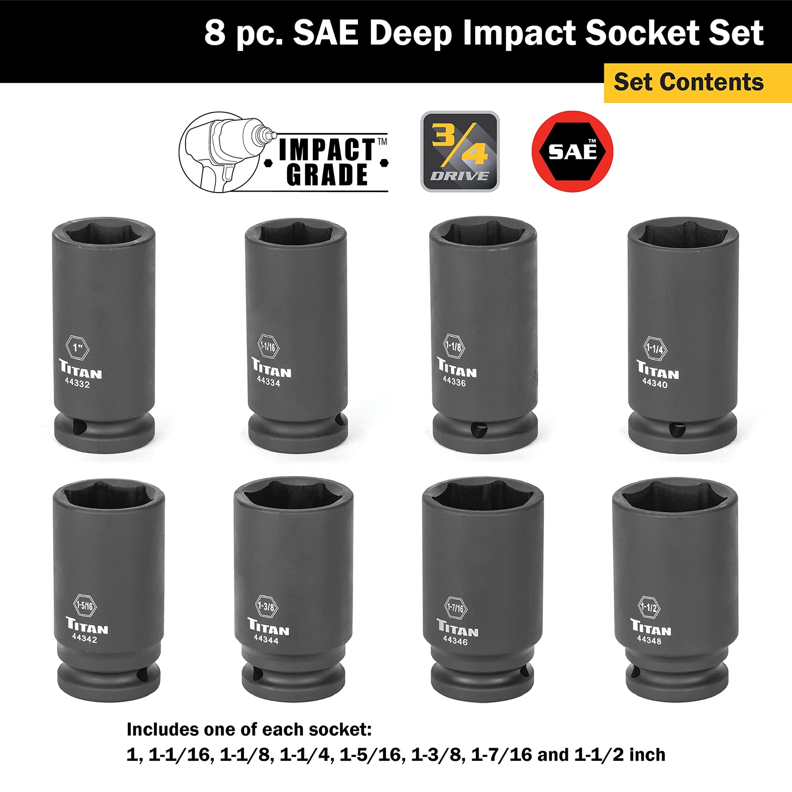 Titan Tools 8 pc. 3/4 in. Drive SAE Deep Impact Socket Set (44300)