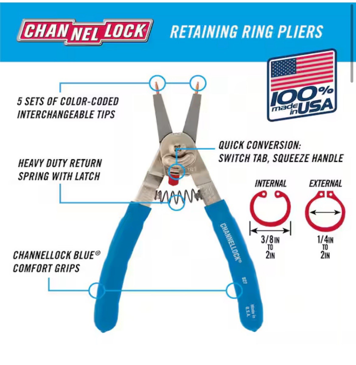 Channellock 8″ Int/ Ext Snap Ring/ Retaining Ring Pliers w/Assorted Tips USA 927
