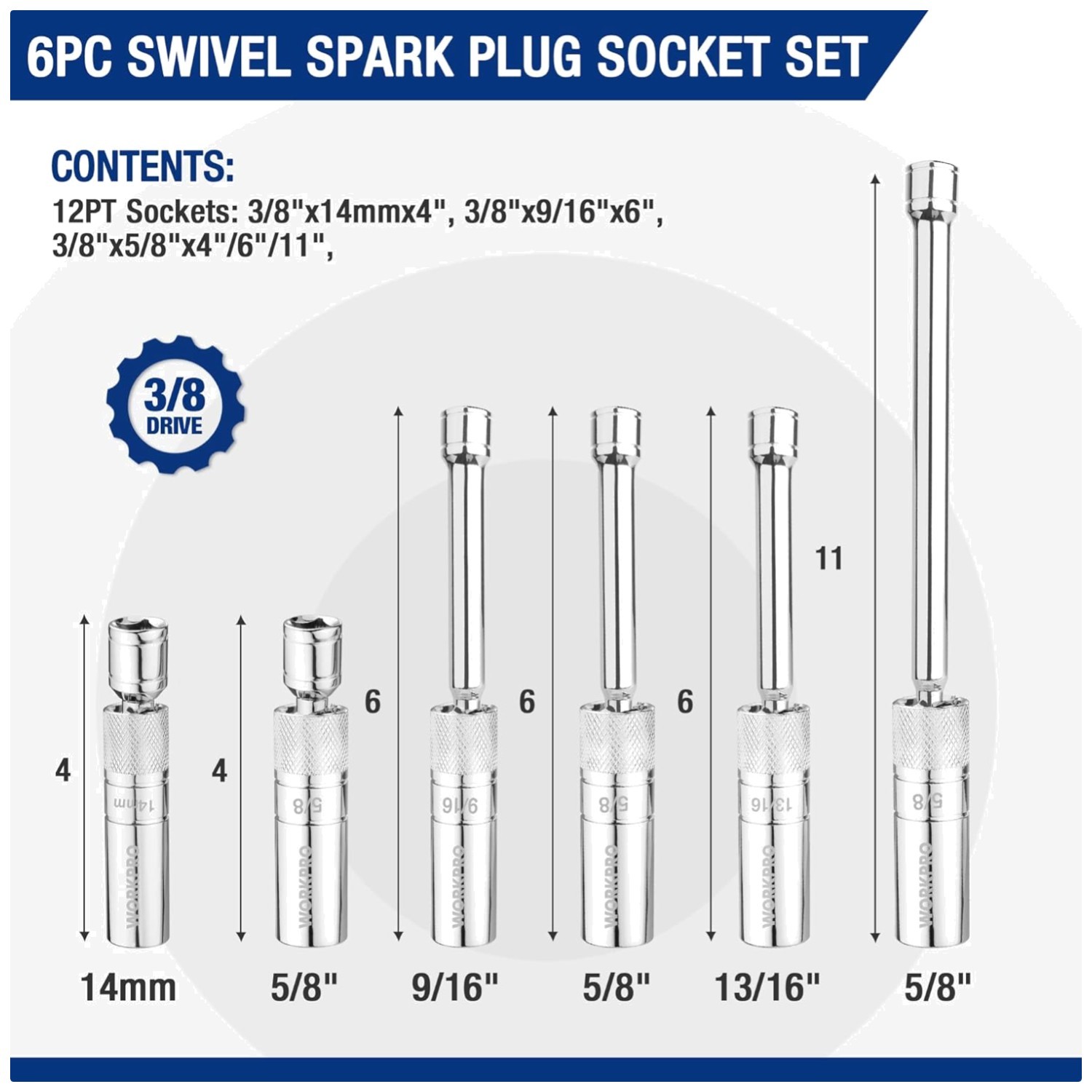 6 PC Spark Plug Socket Set, 3/8″ Drive, Magnetic Core
