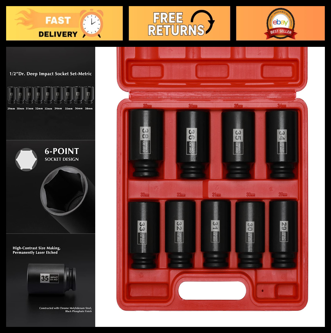 9PCS 1/2″ Drive Deep Impact Socket Set, Metric 29mm-38mm, 6-Point CR-MO Axle Nut