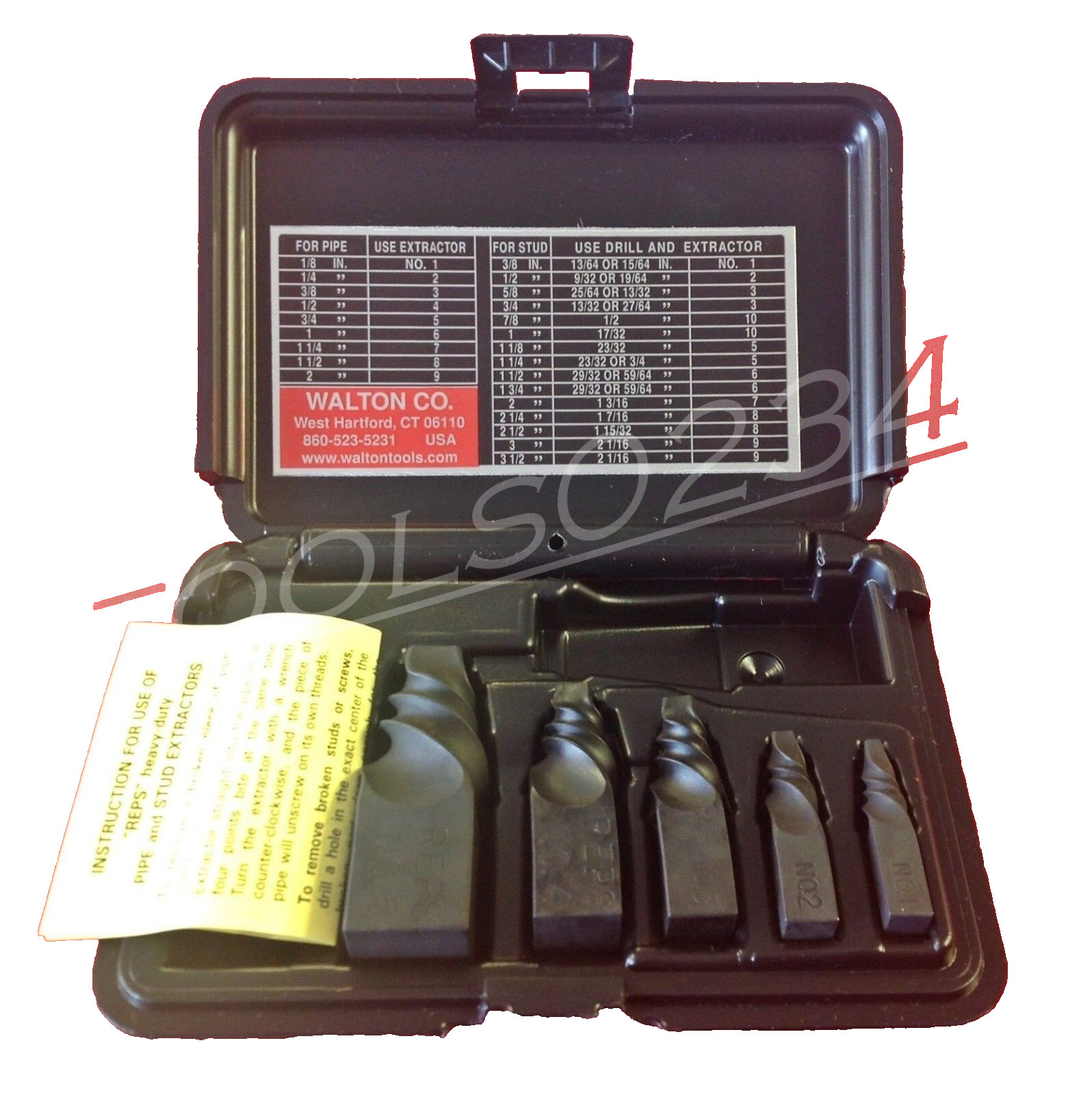 50205 Pipe & Bolt Extractor Set Walton Reps 1/8-3/4 Pipe 3/8-1-1/4 Bolt USA