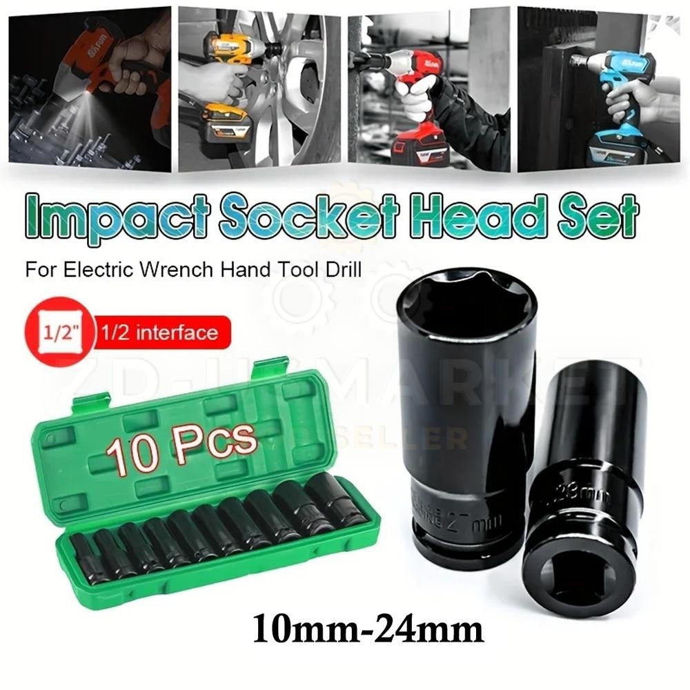 Impact Sockets Set 1/2Inch Drive 10 PCS Metric 10mm-24mm Deep 6-Point Set w/case