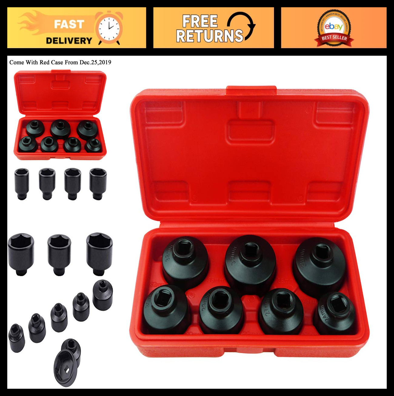 7-Piece Oil Filter Socket Set – 24mm, 27mm, 29mm, 30mm, 32mm, 36mm, 38mm Cap Wre