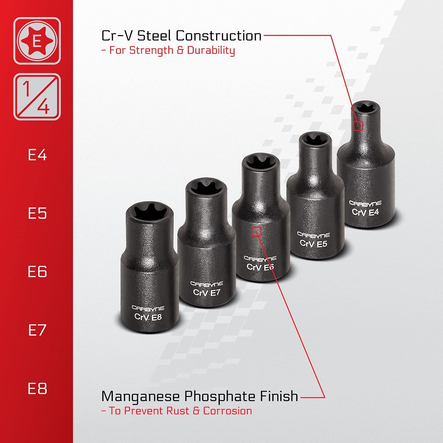 13-Piece External Torx Socket Set E4-E24, CrV Steel, Manganese Finish, Drive Rai