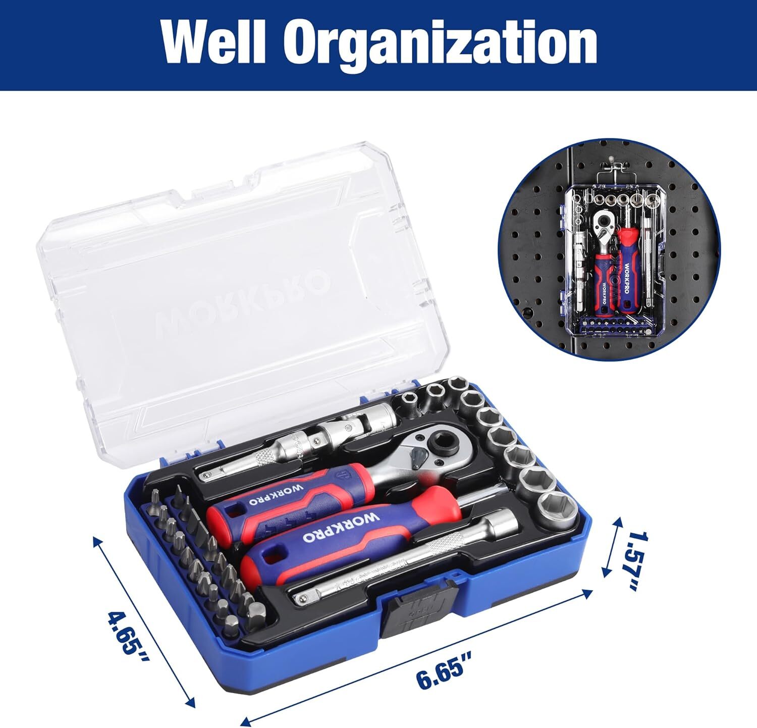 WORKPRO 34 PCS 1/4″ Dr. Master Socket Set Metric with Blue, Red, Silver