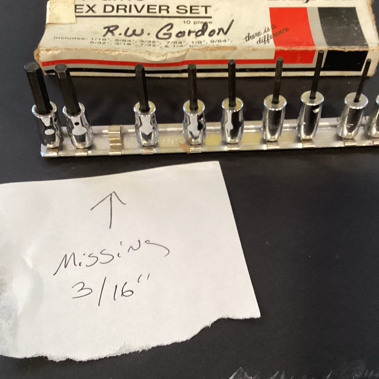 SNAP-ON 1/4″ DRIVE 10pc SAE HEX DRIVER BIT SOCKET SET 1/16″-1/4″ MISSING 3/16”