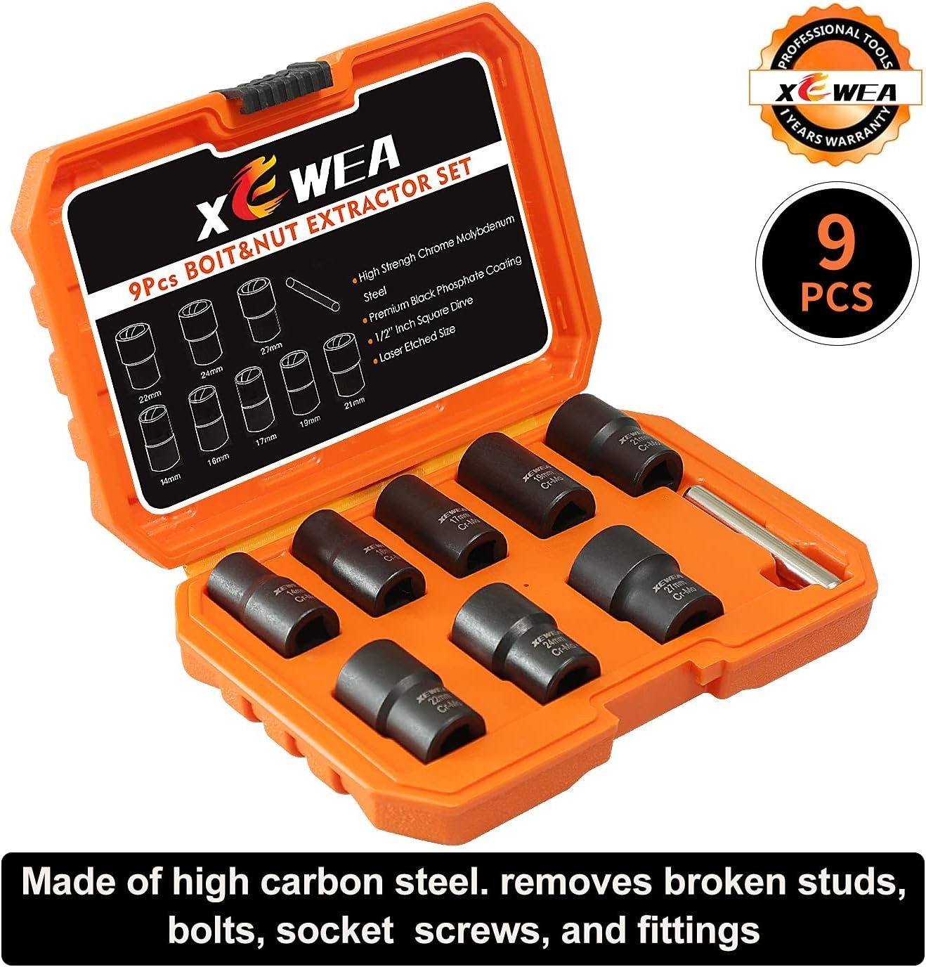 9PCS Lug Nut Extractor Set, 1/2″ Drive Impact Bolt Remover Socket Tool, Wheel…