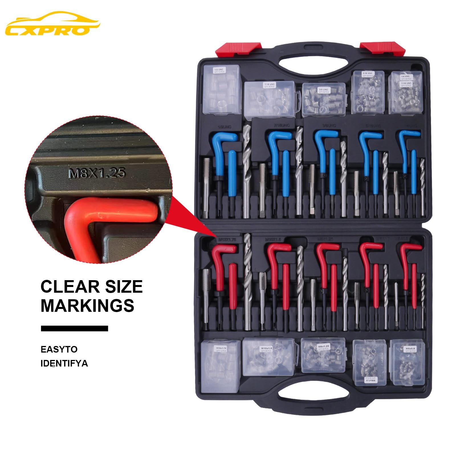 CXPRO 314Pcs Thread M5,M6,M8,M10,M12,1/4″,5/16″,3/8″,7/16″,and 1/2″, Red Blue