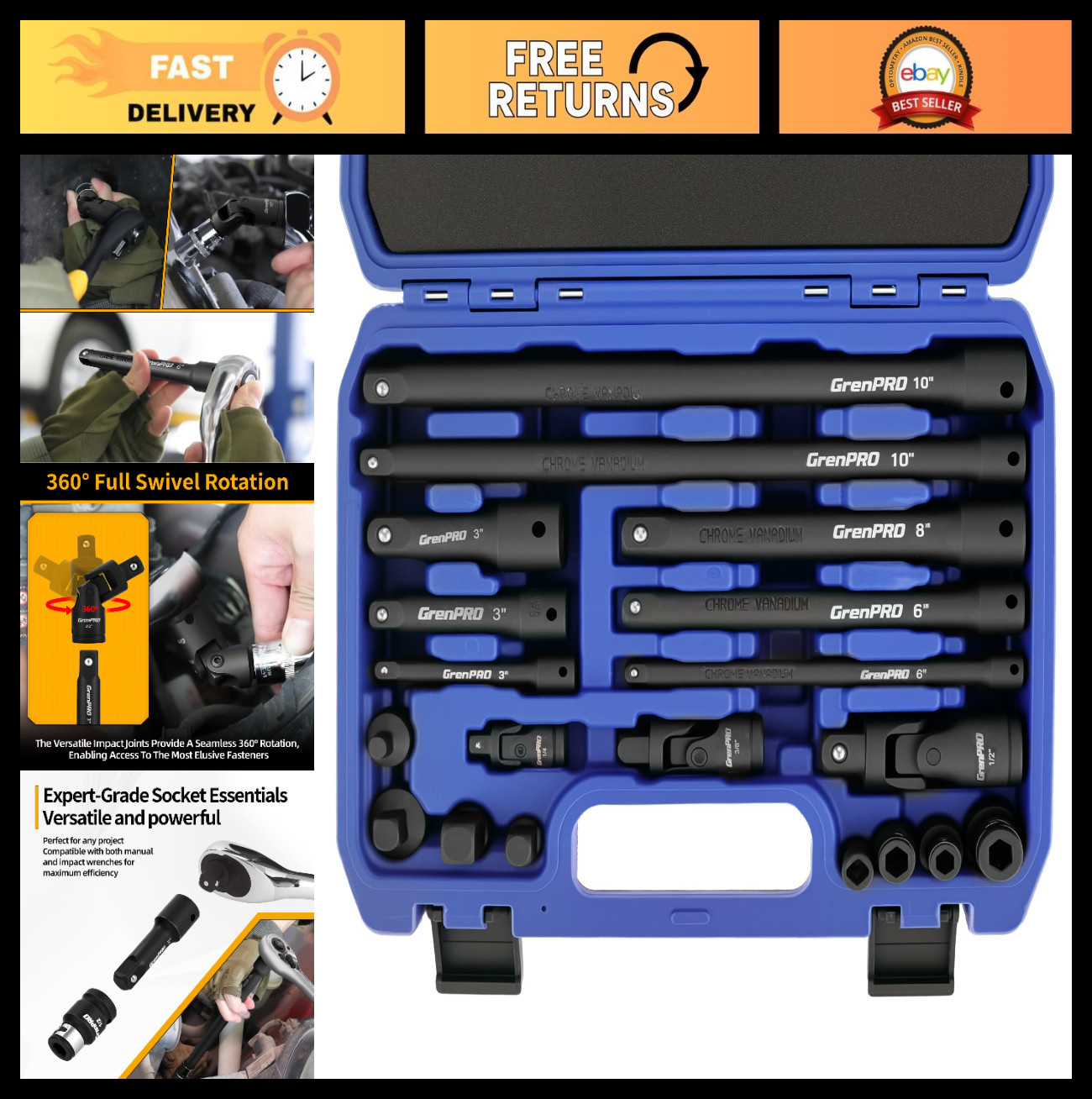 19-Piece Impact Socket Extension Set with Universal Joints & Ratchet Adapters