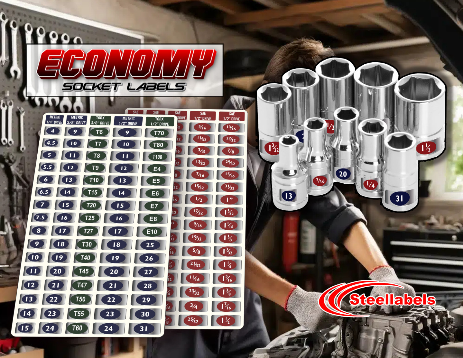 Economy Master Set 170 Chrome Foil Socket Labels – Metric – SAE Torx – 2 Sheets