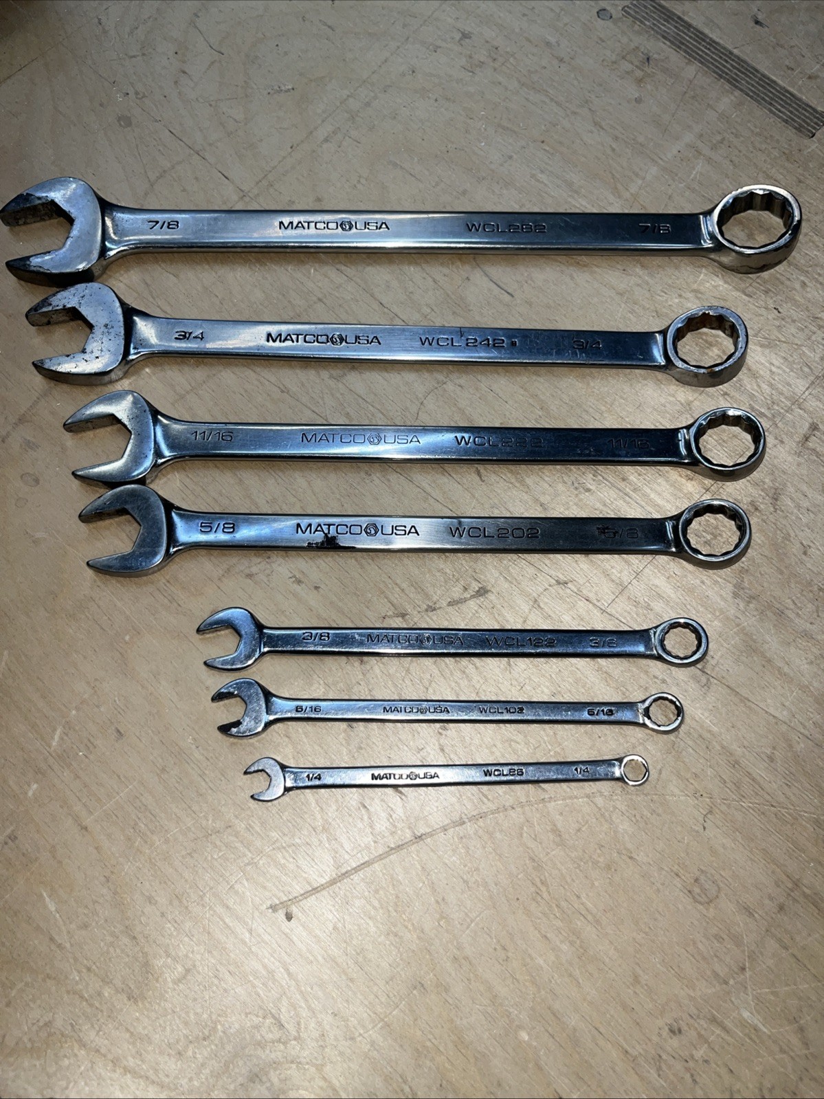 MATCO USA 7 Pc SAE Combination Wrench SET WCL282, 242, 222, 202, 122, 102, 86