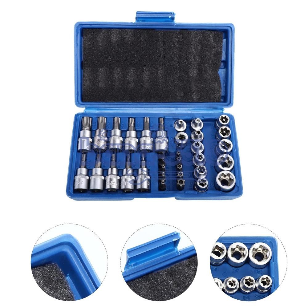 34pcs Torx Star Sockets & Bit Set Male Female E-torx Security Bits 3/8 Drive US