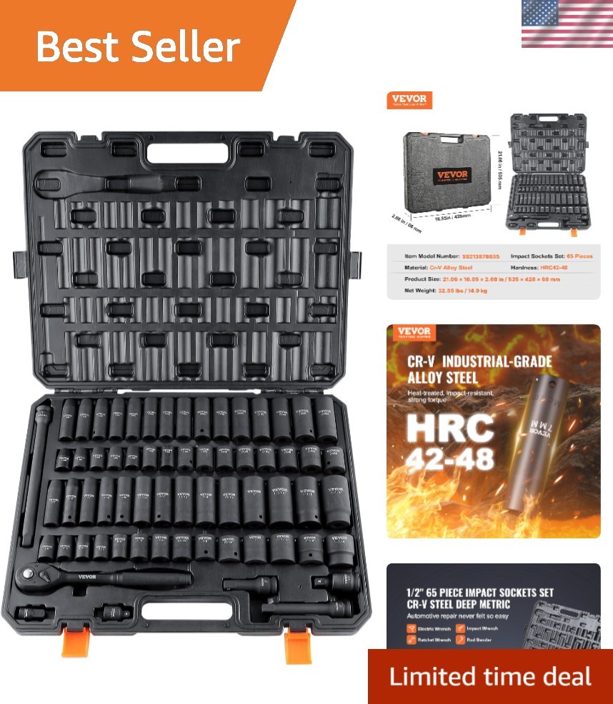 1/2″ Drive Impact Socket Set, 65 Pieces with Storage – Rugged Design